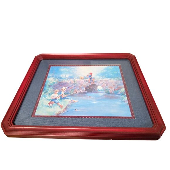 Vintage Framed Fishing Boys & Dog Artwork Picture - Picture 10 of 10